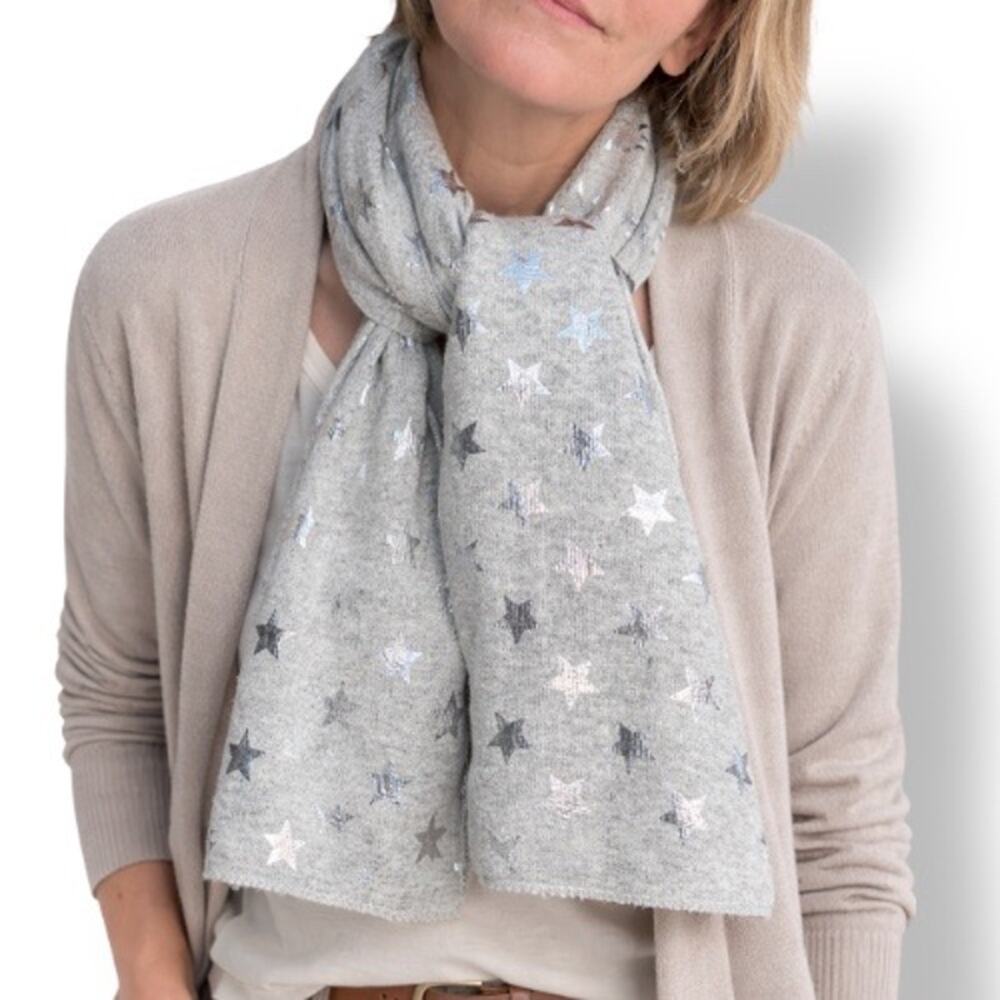 Gray Star Print Knit Scarf Soft Lightweight Neutral Silver Metallic Warm Winter